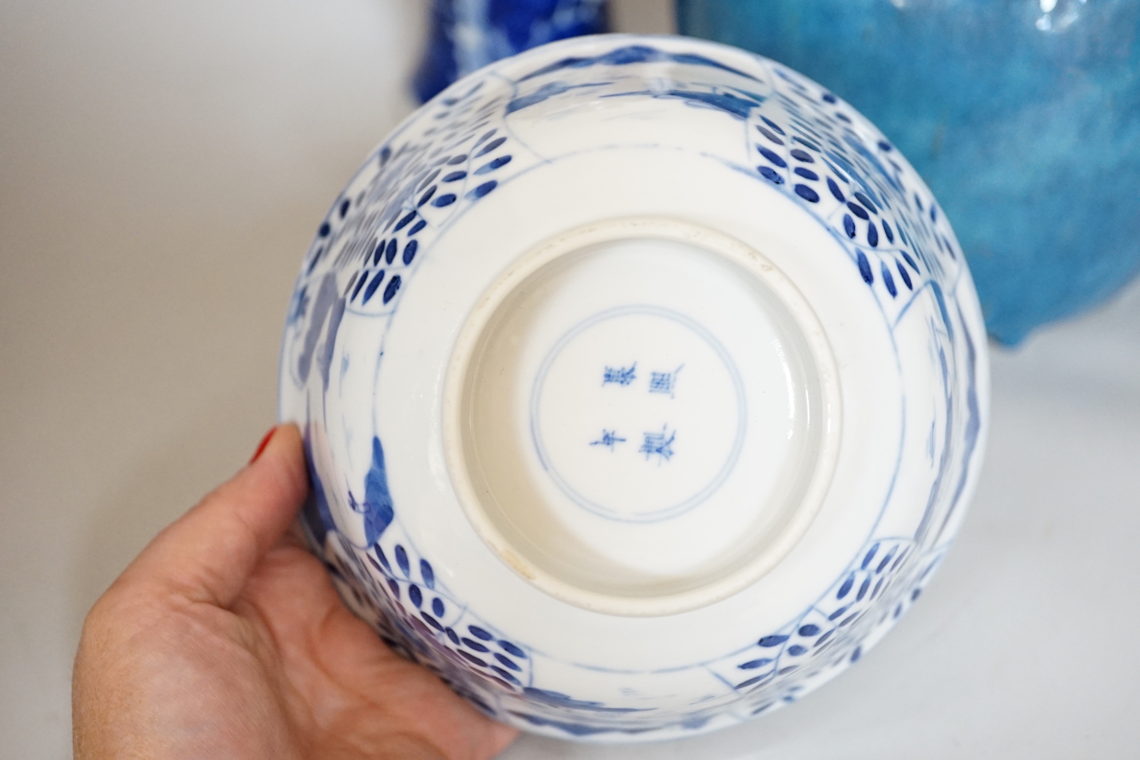 A Chinese blue and white prunus vase, a Jun type pottery planter and a blue and white bowl, vase 25.5cm high